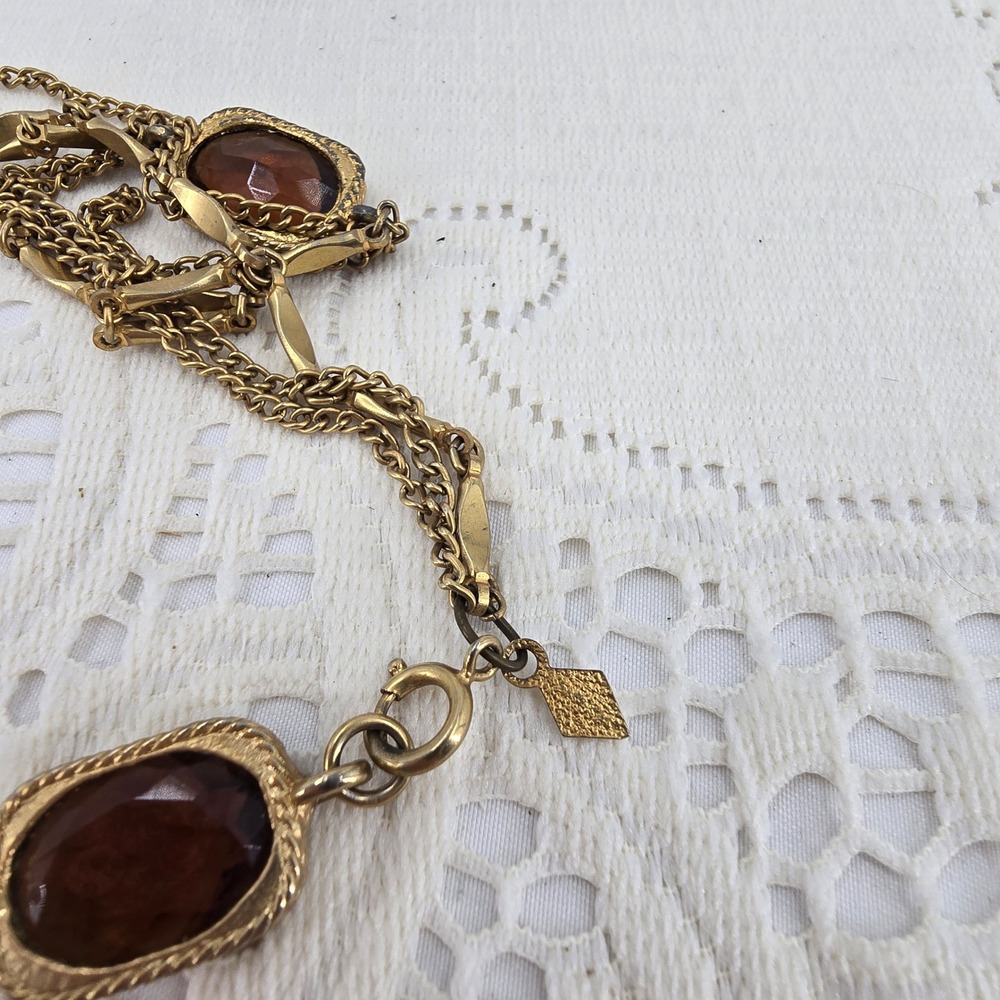 Sarah Coventry Vintage Necklace Gold Tone Multi Strand Amber Glass Stone - Picture 3 of 10